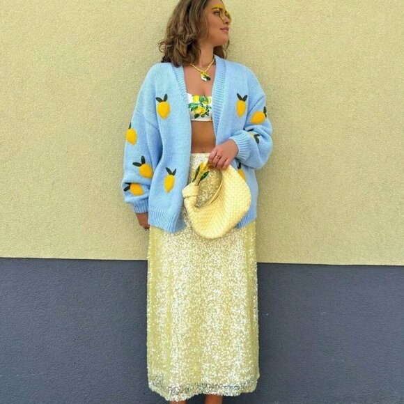 Baby Blue Casual Women's Lemon Pattern V-Neck Long Sleeve Knitted Cardigan - Picture 3 of 5